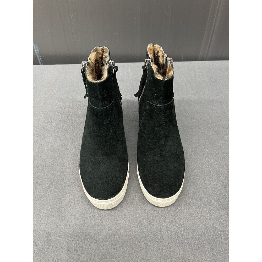 Steve Madden Sneakers Womens 7 Wedge‎ Black Zip Leather Faux Fur Leopard Shoes